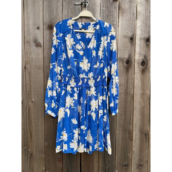 Tommy Hilfiger Dresses & Skirts - Tommy Hilfiger Blue Floral Chiffon Smocked Waist Long Sleeve Mini Dress Women 16